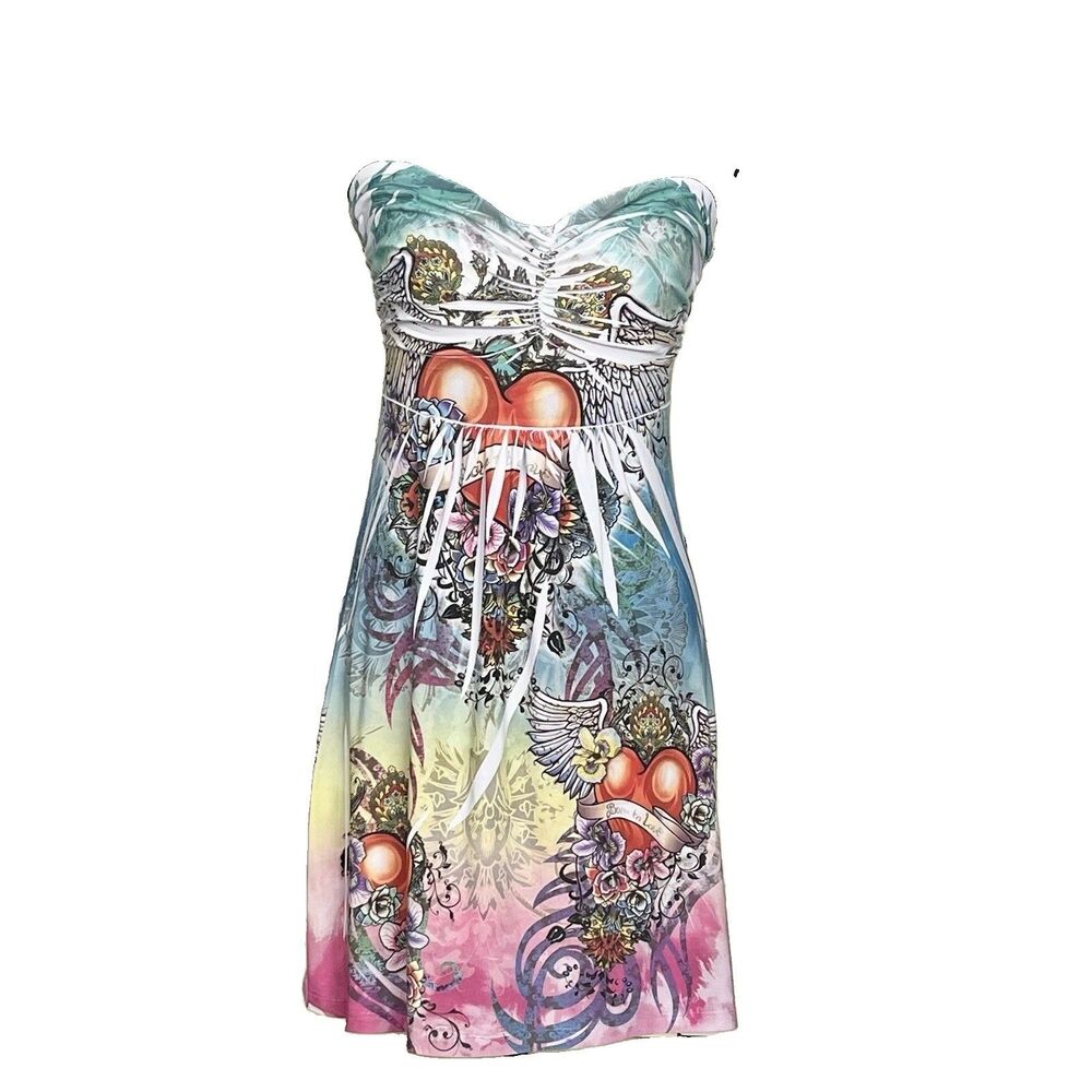 Vintage Fashion Magazine Tattoo Print Strapless Bodycon Dress Large USA